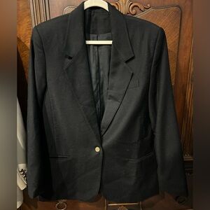 WOOL BLACK BLAZER. Gold Crest Detail Buttons.